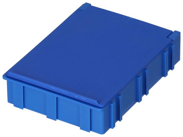 Das Bild zeigt eine blaue Kunststoffbox, rechteckig mit einem flachen Deckel. Die Box hat vertikale Rillen und ist stabil, ideal für die Aufbewahrung von Gegenständen.