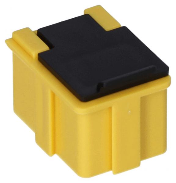 Das Bild zeigt einen kleinen, quadratischen elektrischen Stecker. Er hat einen gelben Körper und einen schwarzen Deckel. An den Seiten befinden sich Einkerbungen für einen sicheren Halt.