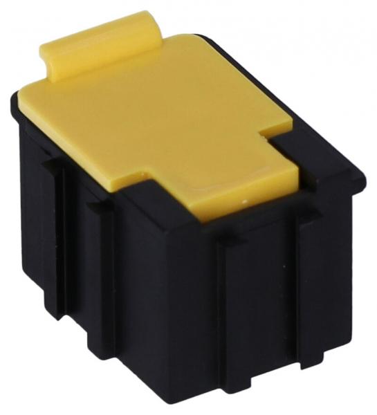 Das Bild zeigt einen kleinen, rechteckigen Stecker mit einer gelben Oberseite und schwarzen Seiten. Die Oberseite hat eine hervorstehende Lippe und die Seiten sind gerippt.