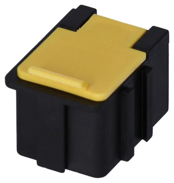 Das Bild zeigt einen kleinen elektrischen Steckverbindertyp. Er hat ein schwarzes Gehäuse und eine gelbe Oberseite mit einer flachen Lasche. Die Form ist kompakt und quadratisch.