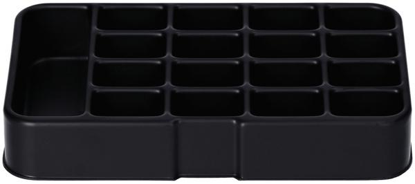 Das Bild zeigt einen schwarzen Organizer mit mehreren Fächern. Er hat insgesamt 16 rechteckige Unterteilungen, die gleichmäßig angeordnet sind, und eine größere Fläche auf der linken Seite.