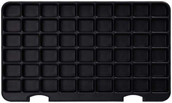 Das Bild zeigt ein schwarzes Kunststofftablett mit 42 gleich großen, rechteckigen Vertiefungen in einem regelmäßigen Raster. Es ist flach und hat abgerundete Ecken.
