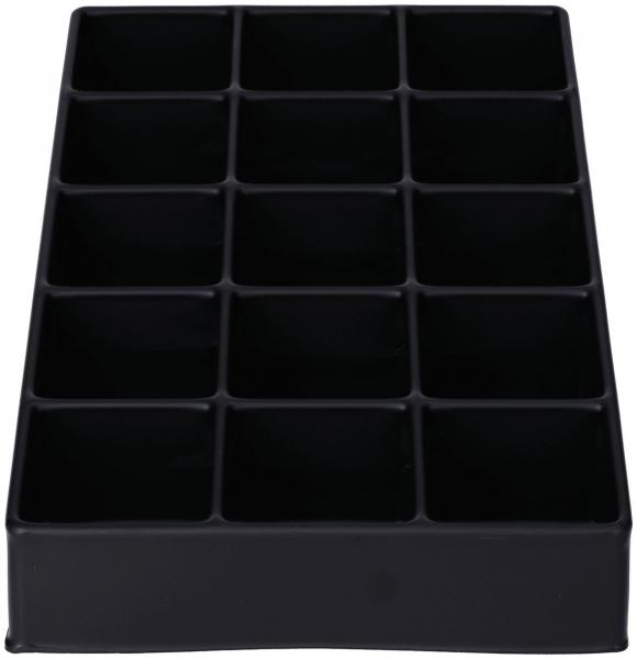 Das Bild zeigt eine schwarze, rechteckige Box mit 15 gleich großen Fächern, die in drei Reihen und fünf Spalten angeordnet sind. Sie hat glatte Kanten und eine flache Unterseite.