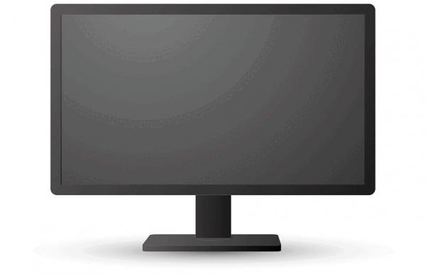 The image displays a black computer screen on a sturdy stand. The screen is blank and exhibits a uniform, dark hue.