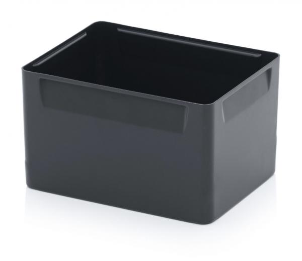 The image shows a rectangular, black plastic storage box. It has smooth walls and a sturdy bottom, suitable for organizing items.