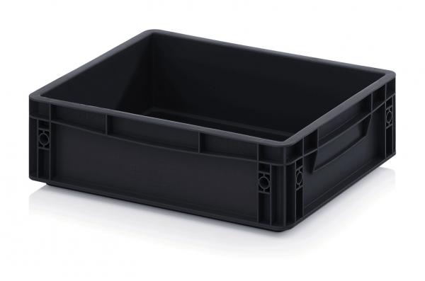 Das Bild zeigt eine rechteckige, schwarze Kunststoffbox ohne Deckel. Sie hat zwei seitliche Griffe und wirkt stabil. Die Wände sind glatt und die Ecken sind leicht abgerundet.