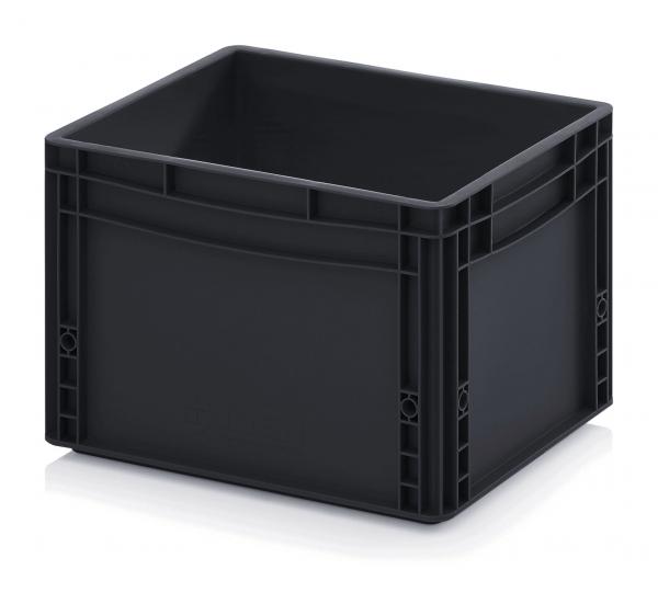 The image shows a square, black plastic box. It has high walls, is sturdy, and features practical handles on the sides. The surface is smooth and has visible corners.