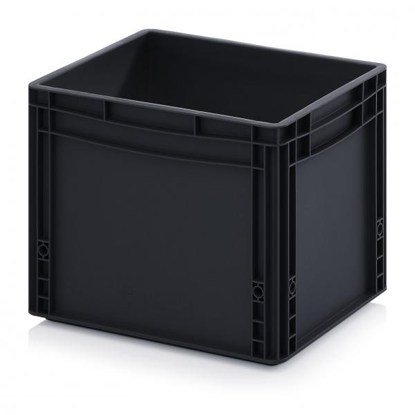 This is a square, black plastic box. It has straight walls, an open top, and is sturdy. The edges are slightly rounded.