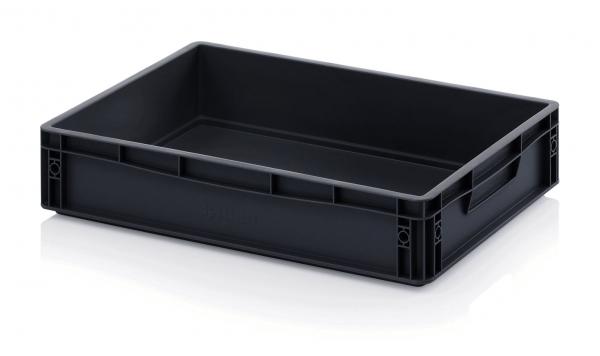The image shows a rectangular, flat black plastic tray with open sides and slightly raised edges. It has two side handles for easy handling.