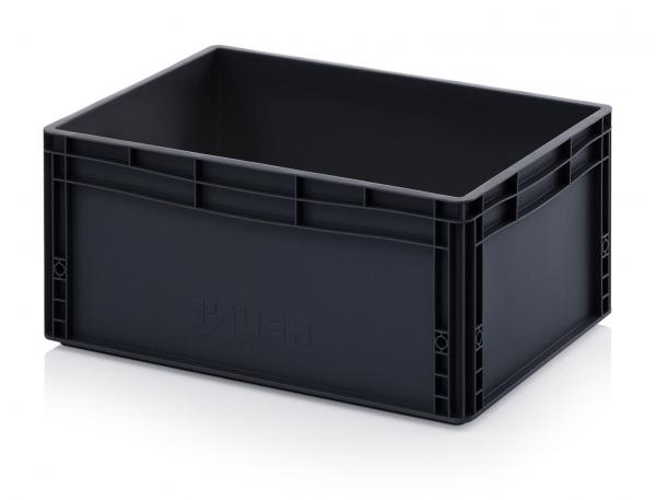 The image shows a rectangular, black plastic box. It has a smooth surface, no lids, and handle openings on the shorter sides for carrying. Ideal for storing items.