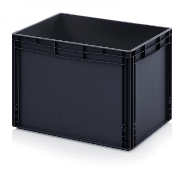 Die Abbildung zeigt eine rechteckige, schwarze Plastikbox. Sie hat glatte Wände, eine offene Oberseite und ist stabil. Die Ecken sind leicht abgerundet, der Boden ist flach.