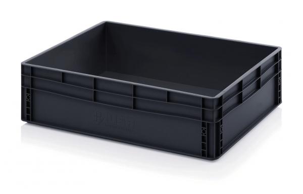 The image displays a rectangular, flat plastic box in black. It has high walls and is stackable. The surface is smooth, and the corners are rounded.