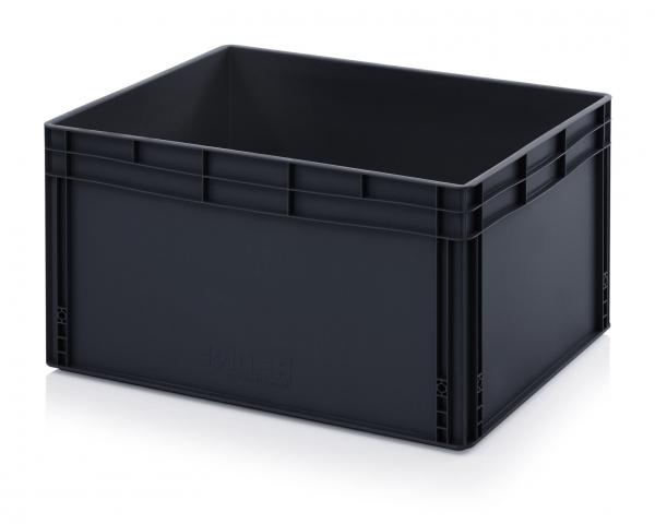 The image shows a black, rectangular plastic box. It has high walls and a box-shaped structure, without a lid. The corners are slightly rounded and the surface is smooth.