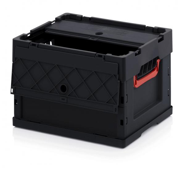 The image shows a black plastic box. It has an open top, a red handle, and a textured side with diamonds. The box is sturdy and easily portable.