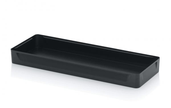 The image shows a rectangular, flat tray made of black plastic. It has smooth sides and a recessed edge, ideal for serving or organizing items.