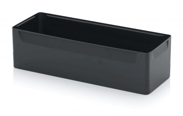 It is a rectangular container made of black plastic. It has a smooth surface, is open, and has practical handles on the sides. The edges are straight.