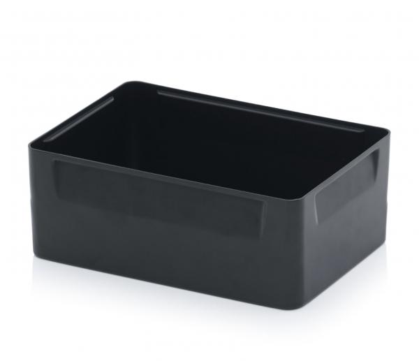The image shows a black, rectangular plastic box. It has straight edges and slightly raised sides, about one to two centimeters high.
