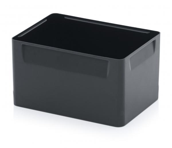 The item is a rectangular, black plastic box with two side handles. It has smooth walls and an open top, suitable for storing items.