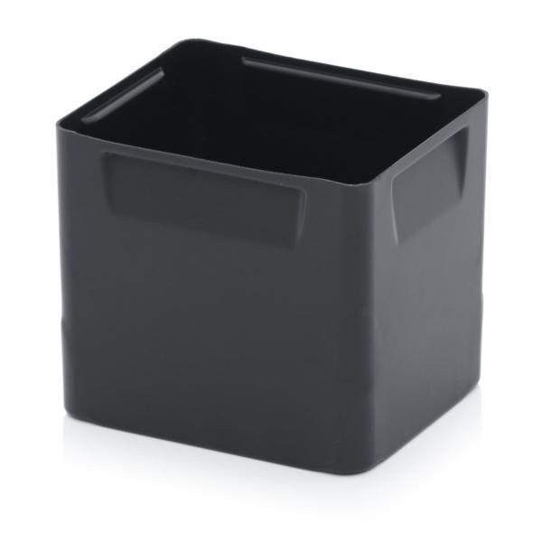 A square container made of black plastic. It has straight walls and an open top edge. The corners are slightly rounded, and the surface is smooth.