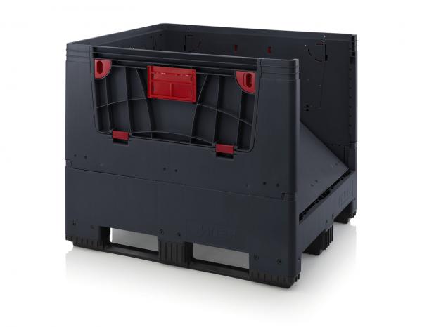 Die Abbildung zeigt eine rechteckige Stapelbox aus schwarzem Kunststoff mit roten Elementen. Sie hat offene Seiten und eine robuste Bauweise, ideal für Lagerung oder Transport.