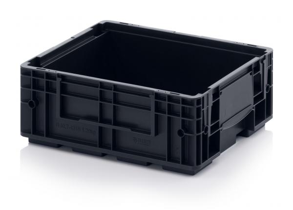 Das Bild zeigt eine schwarze, rechteckige Kunststoffbox ohne Deckel. Sie hat eine strukturierte Oberfläche mit seitlichen Griffen und ist robust, ideal zum Stapeln oder Transportieren von Gegenständen.