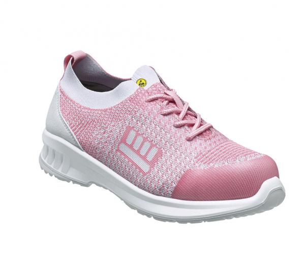 Der Schuh ist ein leichter, sportlicher Sneaker in Rosa und Weiß. Er hat ein gestricktes Obermaterial, eine gepolsterte Sohle und eine Schnürung, die für guten Halt sorgt.