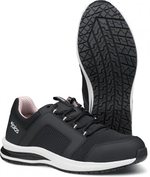 The image shows a pair of black athletic shoes with breathable uppers. They have a light-colored sole and a treaded sole that provides good grip. Inside, they are lined with a light pink.