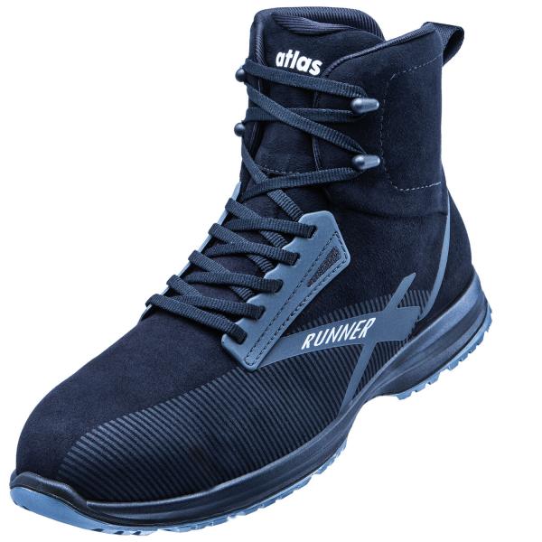 The shoe is a tall, black sports boot with laces. It has a sturdy sole and a padded top. A marking with the word "RUNNER" is visible on the side.