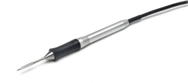The image shows a slim, silver pen with a pointed, sharp tip. The grip is black and rubberized, and there is a cable branching off from the end of the pen.