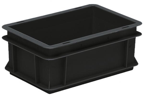 The image shows a rectangular, flat box made of sturdy gray plastic. It has a slightly raised edge and is open, without a lid. The edge is rounded.