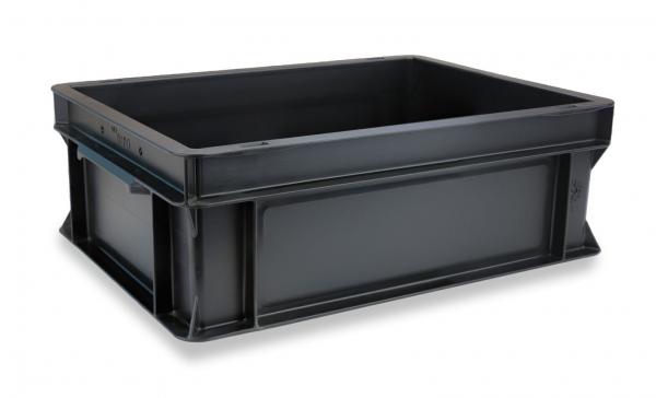 The image shows a rectangular, flat box made of black plastic. It has sturdy walls and an open top. The corners are slightly rounded.