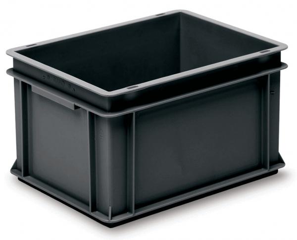 The image shows a rectangular, black plastic box without a lid. It has smooth walls, rounded corners, and a sturdy bottom. The box is practical for storing or transporting items.