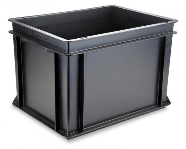 Das Bild zeigt eine rechteckige, schwarze Kunststoffbox. Sie hat hohe, gerade Wände und ist oben offen. Die Ecken sind abgerundet, und die Oberfläche ist glatt und glänzend.