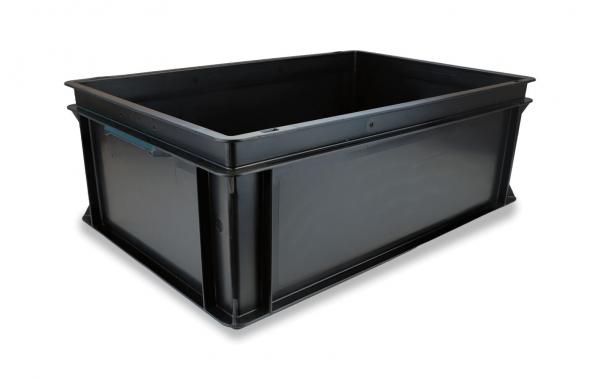 The image shows a rectangular, black plastic box with high walls. It has a flat bottom surface and is sturdy, ideal for storing or transporting items.