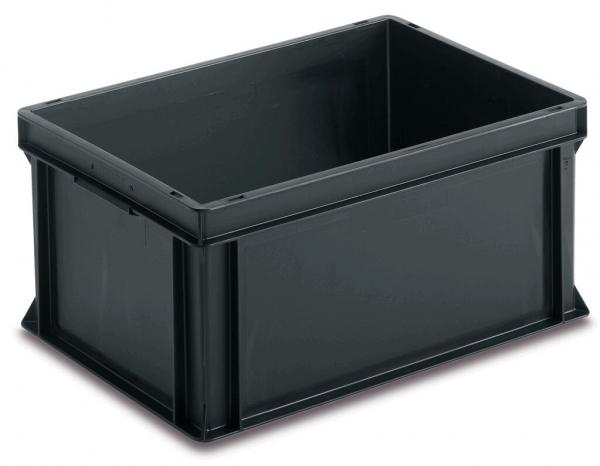 The image shows a rectangular, black plastic box without a lid. It has straight edges and a sturdy bottom, ideal for storing items.