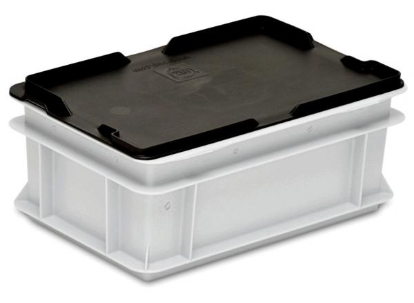 The image shows a rectangular storage box with a white body and a black lid. The box has a smooth surface and is sturdy, ideal for storing items.