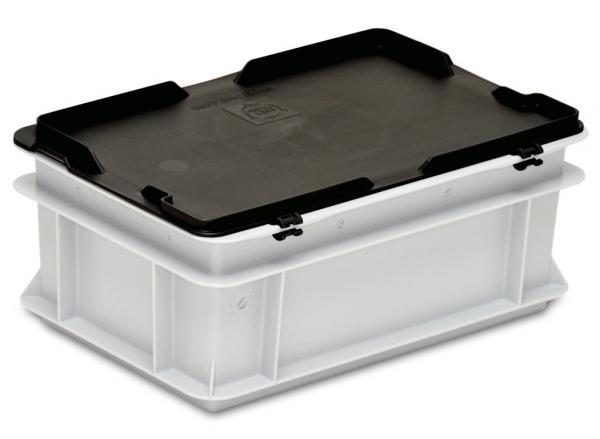 The image shows a rectangular storage box. It has a transparent, white body and a black lid with an easy grip. The box is sturdy and has side cutouts.