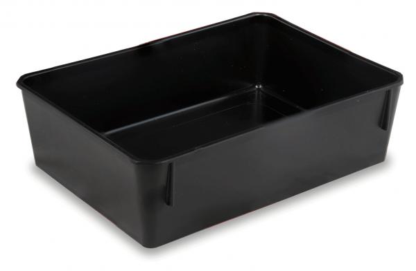 The image shows a rectangular, flat plastic dish. It is entirely black, has slightly high sides, and no lid. The corners are rounded, and the surface is smooth.