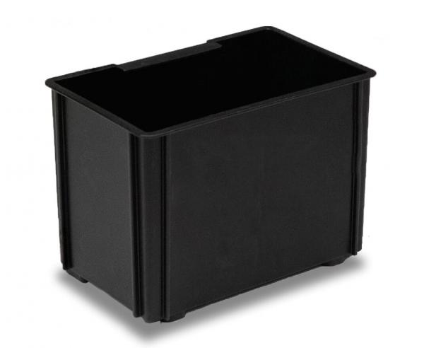 The image shows a square, black plastic box without a lid. It has solid walls and four flat feet at the bottom. The edges are slightly rounded.