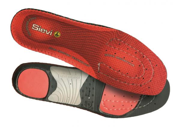 Das Bild zeigt eine Innensohle für Schuhe. Die Oberseite ist rot mit einer strukturierten Oberfläche, während die Unterseite grau und mit speziellen Polsterungen versehen ist.