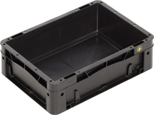 It is a black, rectangular plastic box. It has high walls and an open top. The edges are rounded, and the surface is smooth.