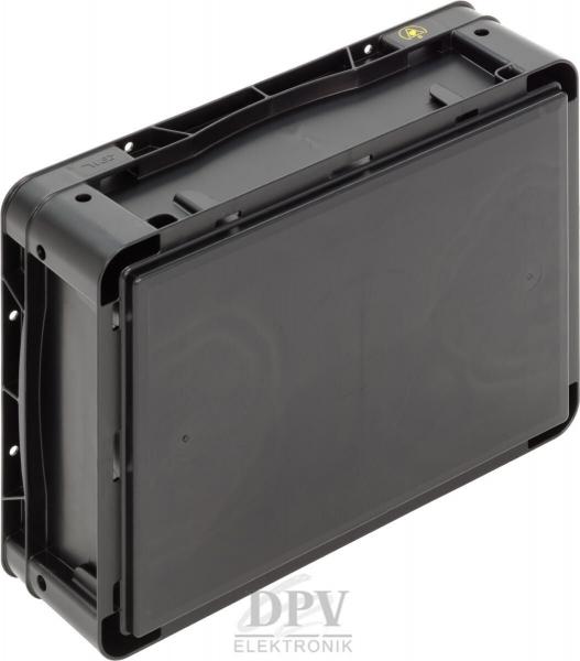The image displays a black, rectangular casing with rounded corners. It has a smooth surface and is designed to accommodate electronic components.
