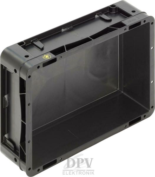The image shows a black, rectangular plastic crate with open sides. It has reinforced corners and is empty inside. There are small notches at the top for handles or attachments.