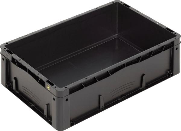 The image shows a rectangular, black plastic transport box. It has sturdy walls and an open top area. The bottom is flat, and the corners are rounded.