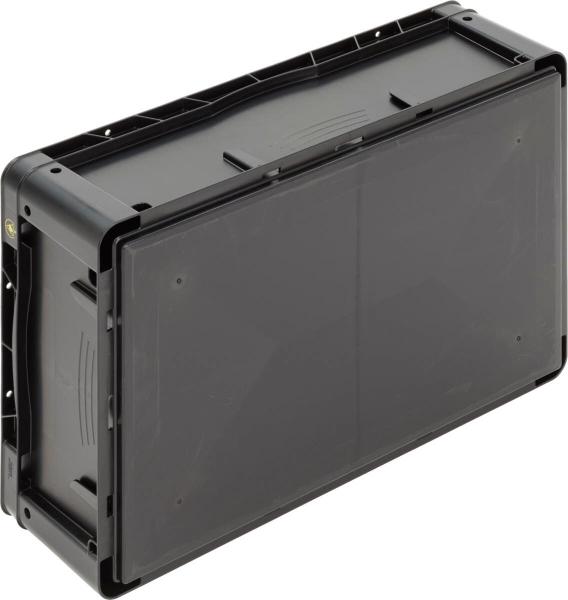 The image shows a rectangular, black plastic container. It has rough edges and a flat top, which may have a transparent lid.