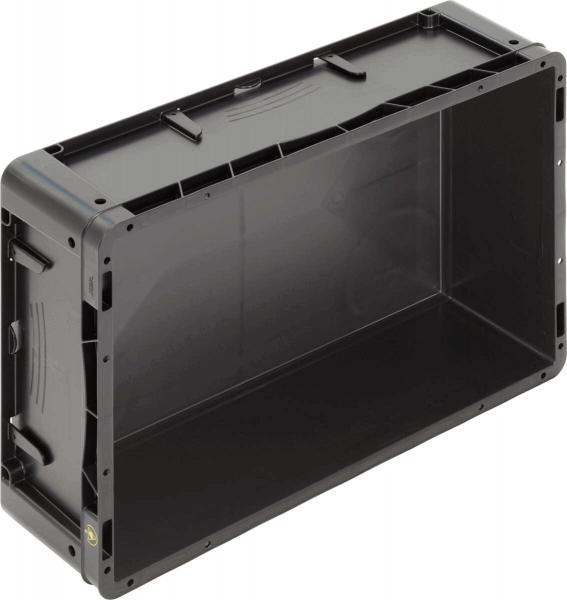The image shows a black, rectangular plastic box without a lid. It has smooth walls and rounded corners, with handles on the sides for easy carrying.