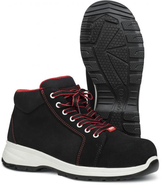 Das Bild zeigt schwarze Arbeitsstiefel mit rotem Innenfutter. Sie haben eine robuste Sohle mit strukturiertem Profil und eine Schnürung, die für sicheren Halt sorgt.