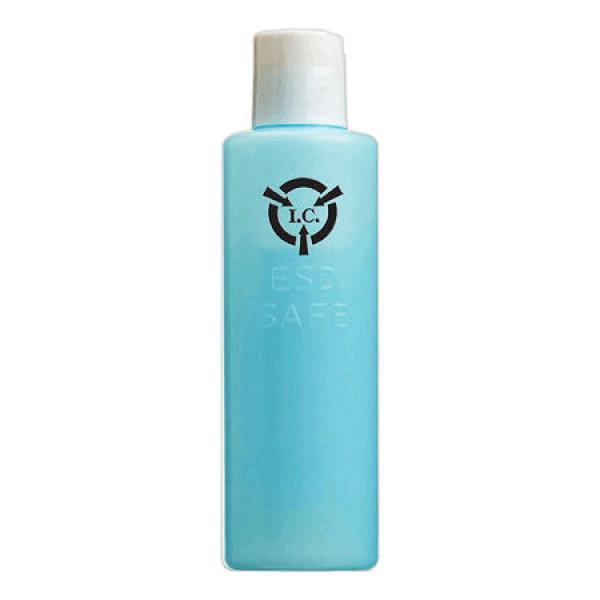 The image shows a slim, vertical bottle with a round, white cap. It has a light blue color and a simple logo in black that incorporates a kind of arrow.