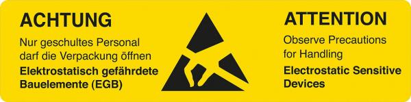 Das Bild zeigt ein gelbes Warnschild mit schwarzem Text. Auf der linken Seite steht ?ACHTUNG? und auf der rechten Seite ?ATTENTION?. In der Mitte ist ein Warnsymbol mit drei Dreiecken.