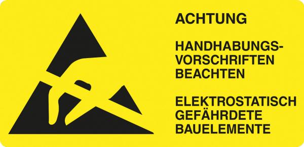 The image shows a yellow warning sign with a black triangle. Inside, there is a hand and a crossed-out metal part depicted. It indicates electrostatic hazards.